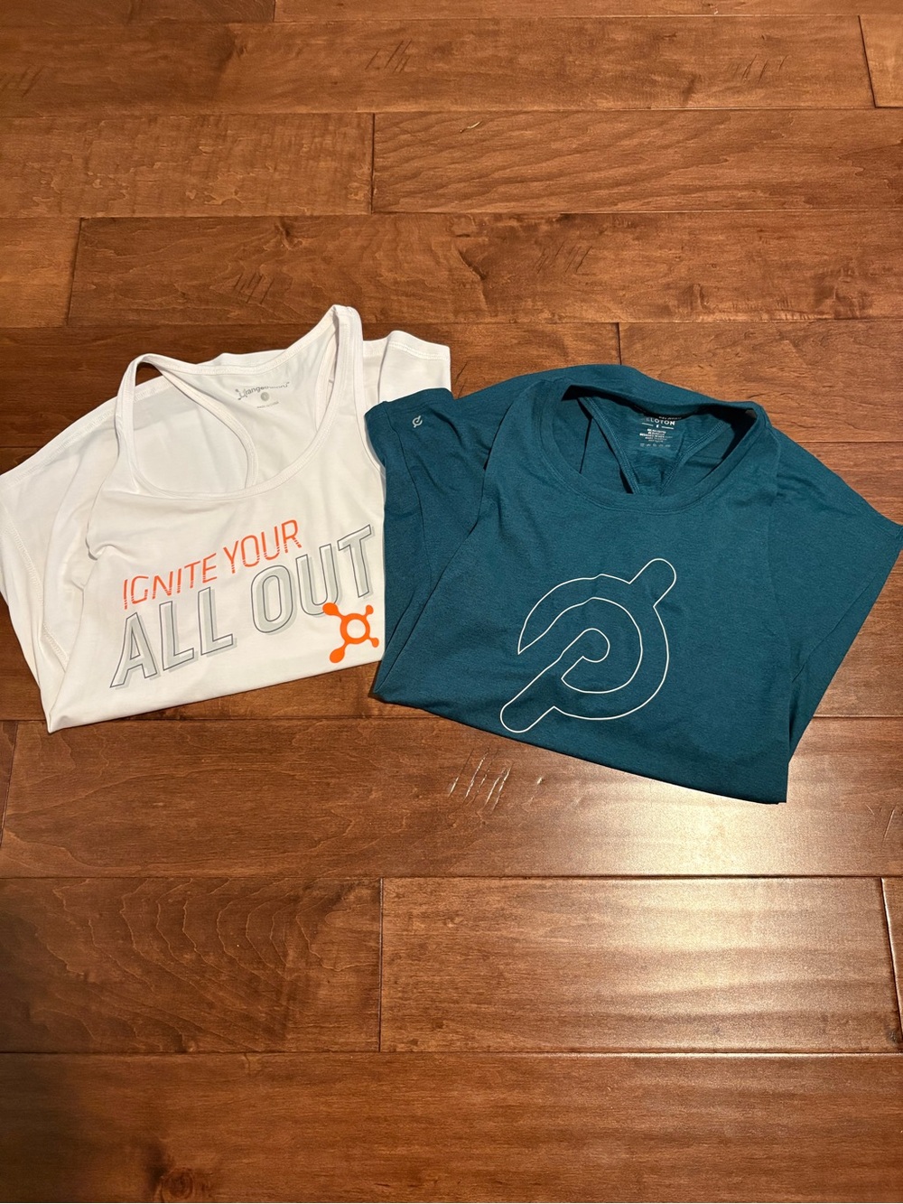 Peloton Teal Logo Tee & White Tank with Orange Accent/Orange Theory